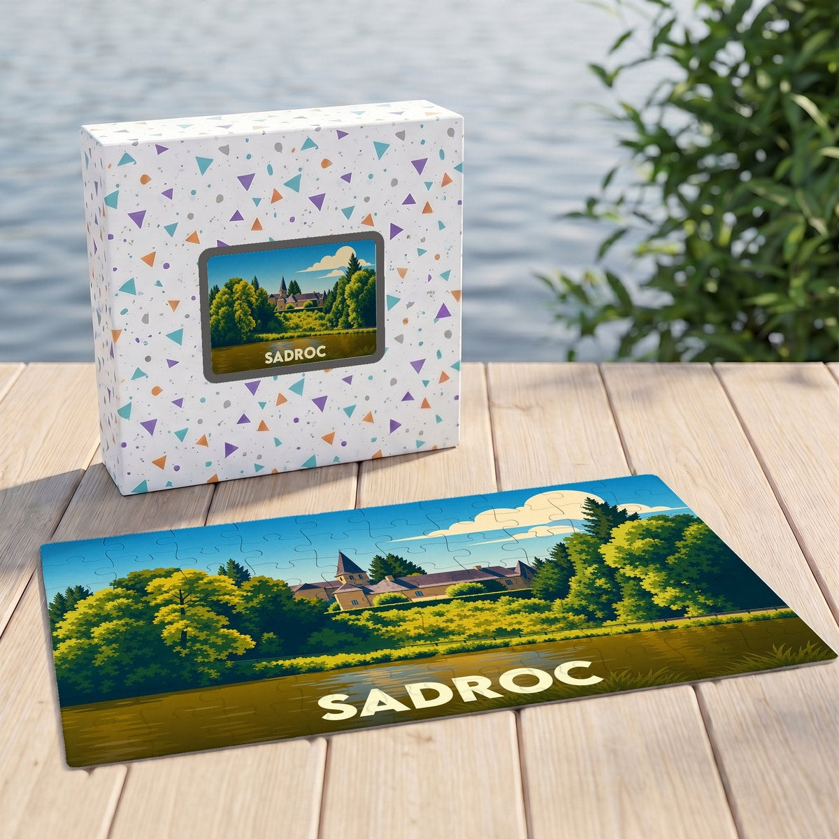 Puzzle souvenir de la ville de Sadroc avec son illustration stylisée de paysage et sa boîte assortie.
