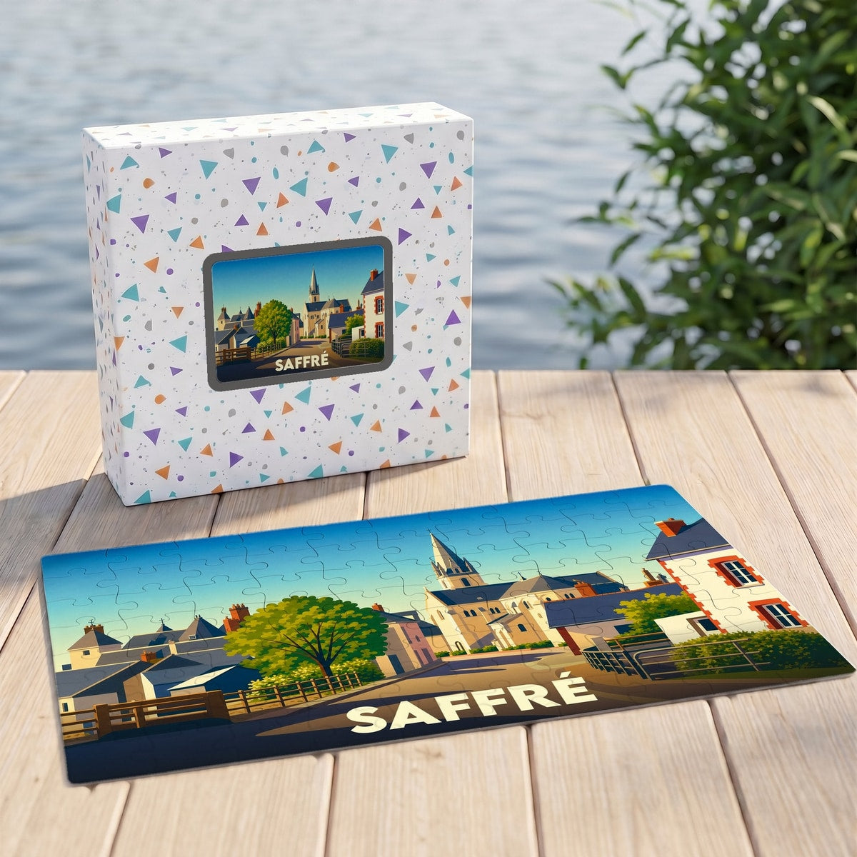 Puzzle souvenir de la ville de Saffré avec une illustration stylisée et colorée.