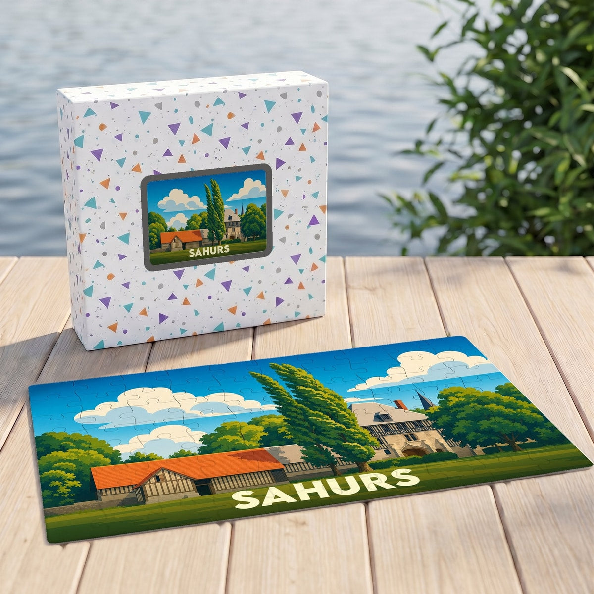 Puzzle souvenir de la ville de Sahurs avec une illustration stylisée.