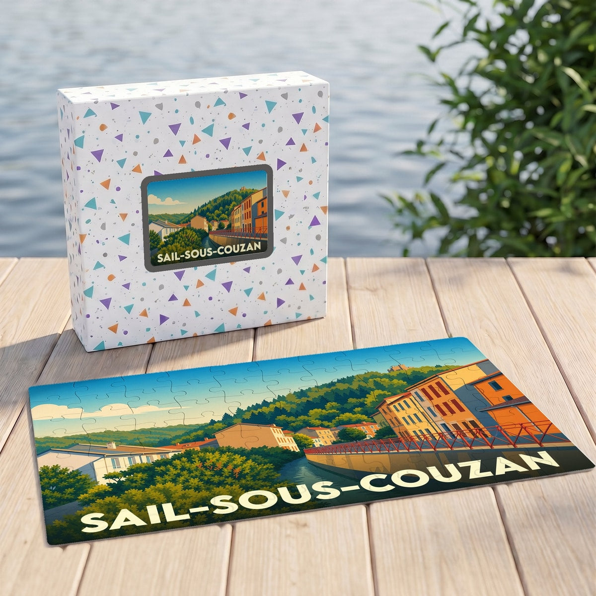 Puzzle souvenir de la ville de Sail-sous-Couzan avec une illustration graphique colorée et son emballage assorti.