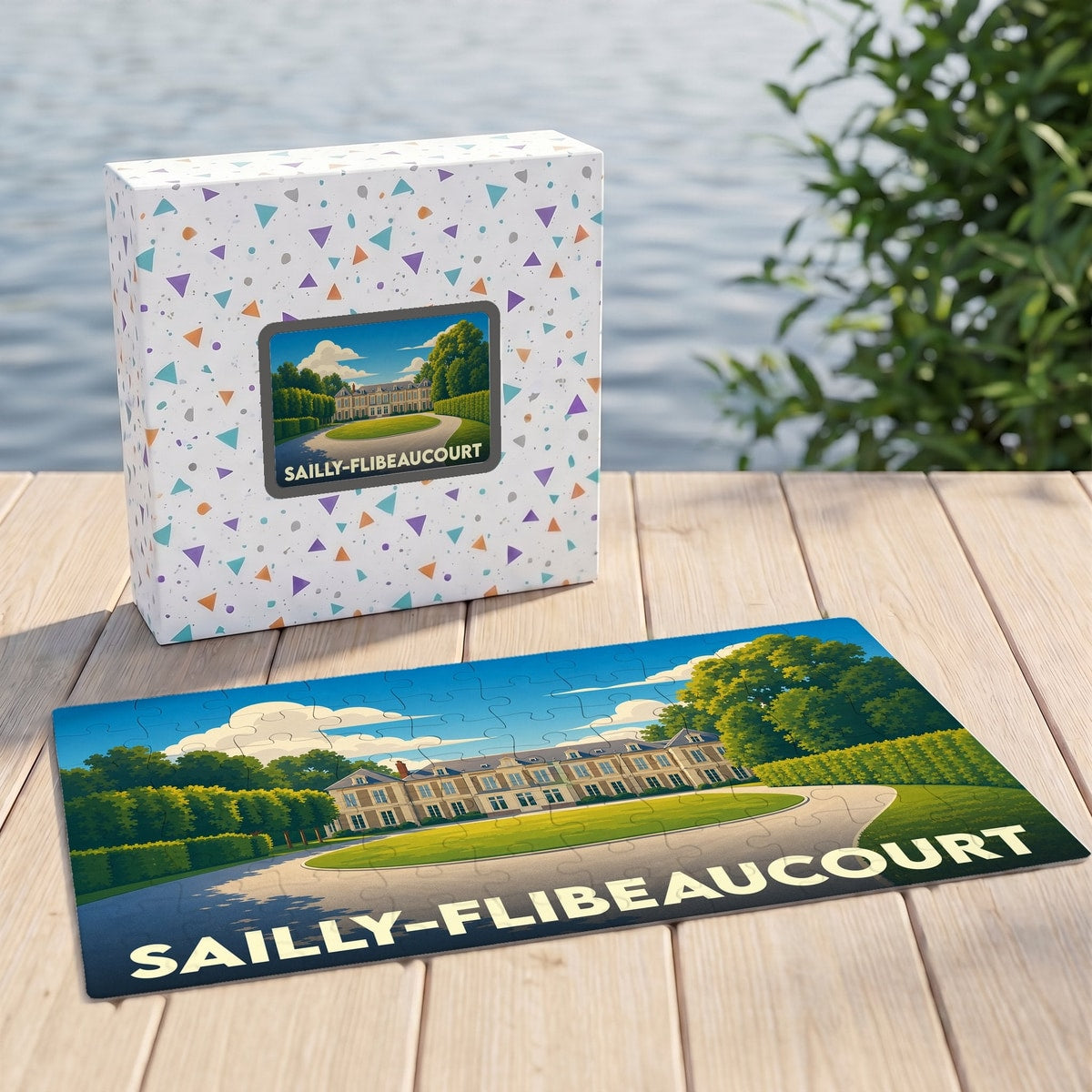 Puzzle souvenir de la ville de Sailly-Flibeaucourt illustré par un manoir entouré de verdure.