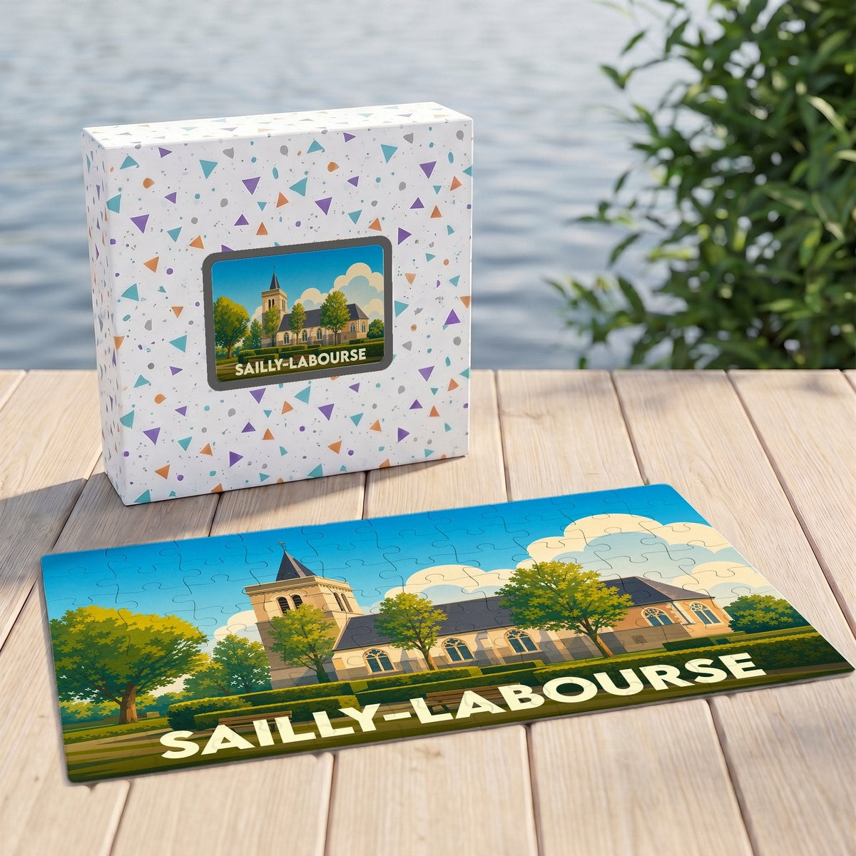 Puzzle souvenir de la ville de Sailly-Labourse avec une illustration stylisée de son église.