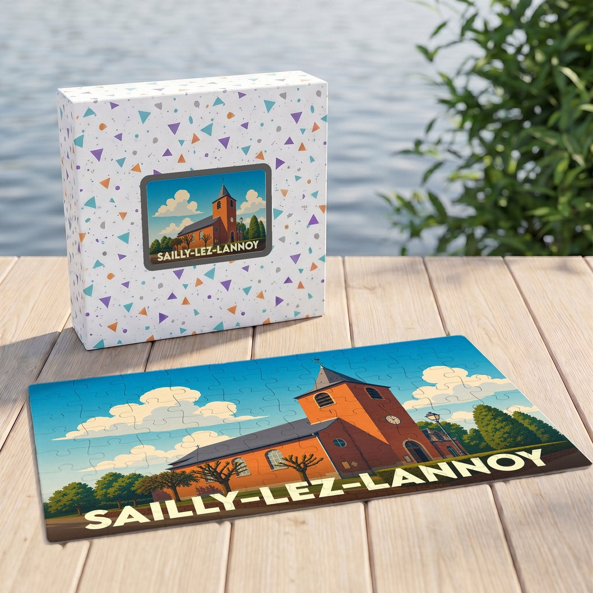 Puzzle souvenir de la ville de Sailly-lez-Lannoy avec une illustration stylisée de son église.