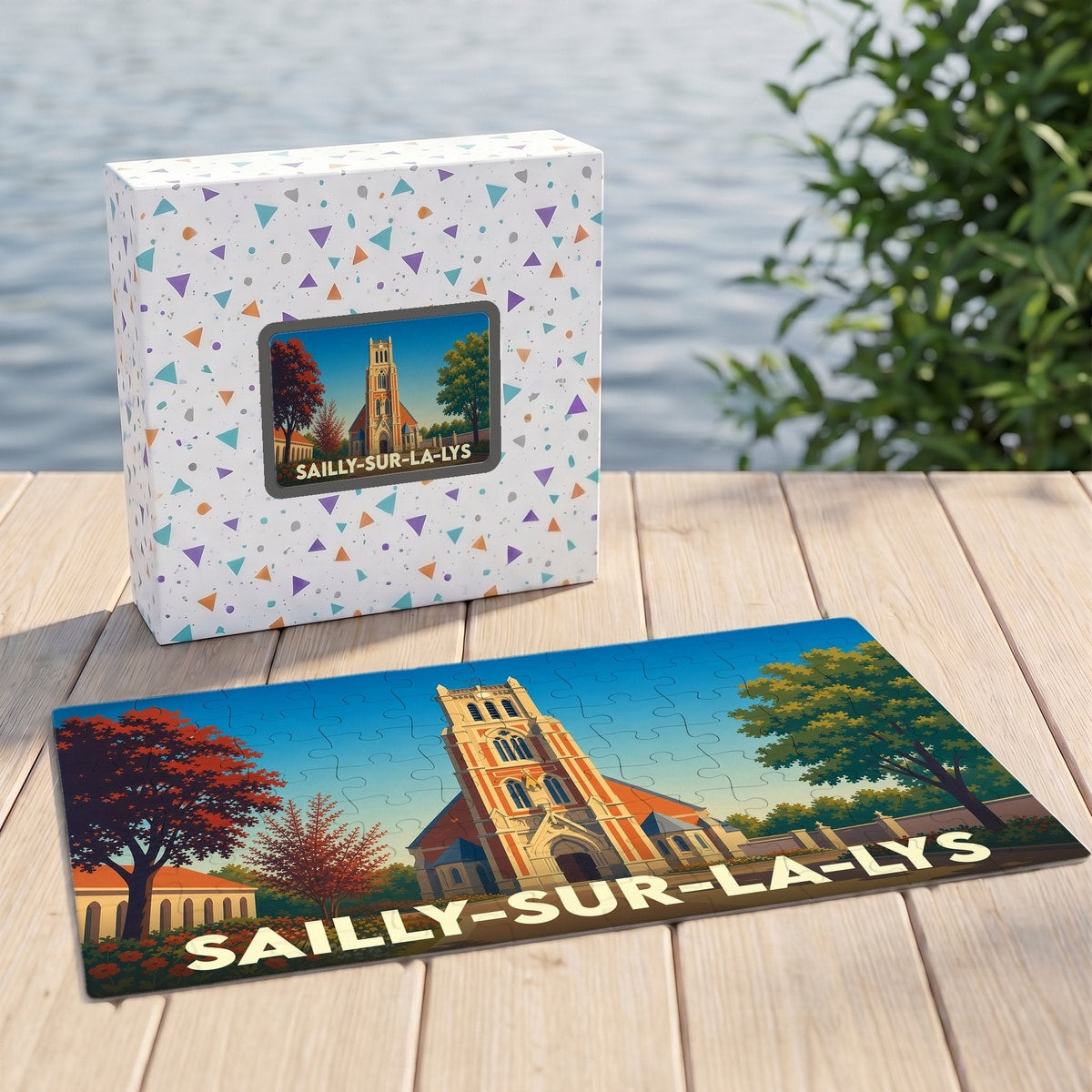 Puzzle souvenir de la ville de Sailly-sur-la-Lys avec une illustration stylisée de son église et de son paysage.