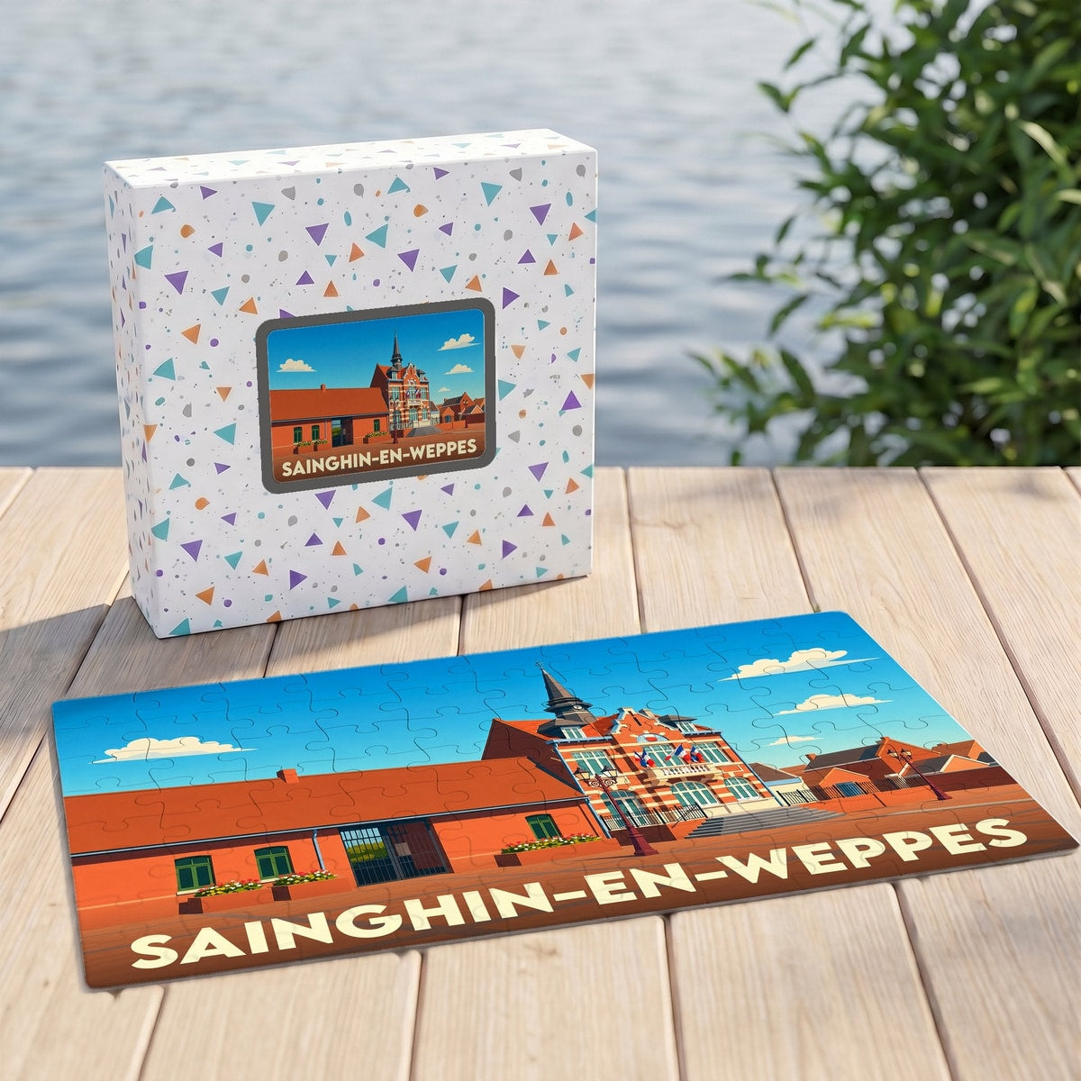 Puzzle souvenir de la ville de Sainghin-en-Weppes avec une illustration stylisée de sa mairie.