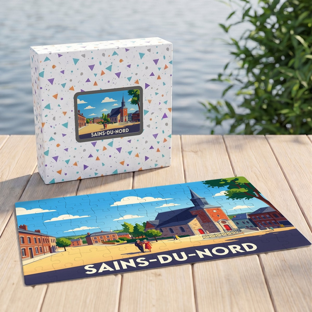Puzzle souvenir de la ville de Sains-du-Nord avec une illustration stylisée d'une place et de son église.