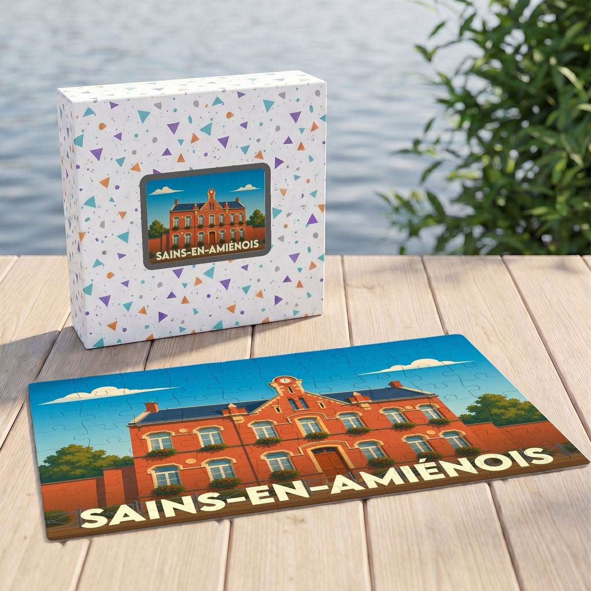 Puzzle souvenir de la ville de Sains-en-Amiénois avec une illustration stylisée de son hôtel de ville.