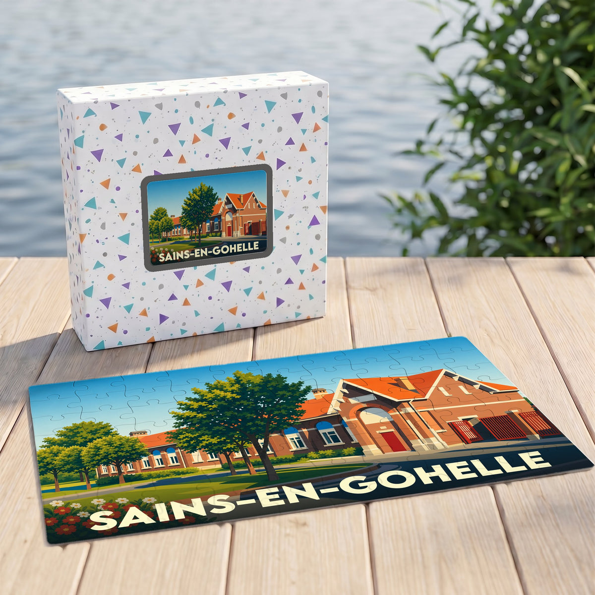 Puzzle souvenir de la ville de Sains-en-Gohelle avec une illustration stylisée et sa boîte assortie.