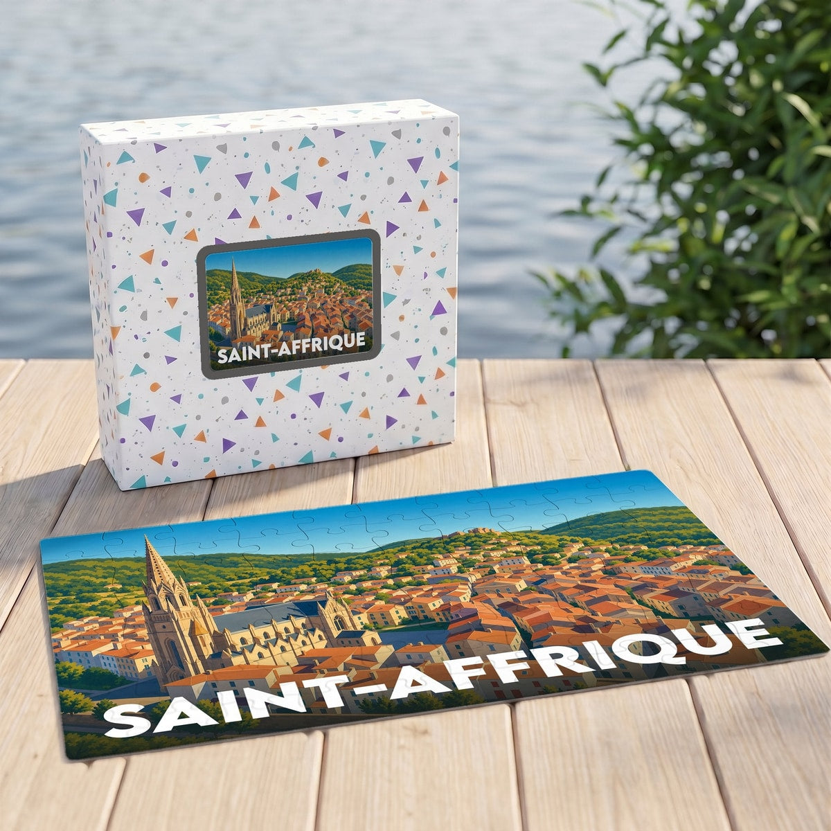 Puzzle souvenir de la ville de Saint-Affrique avec une illustration stylisée d'un panorama urbain.