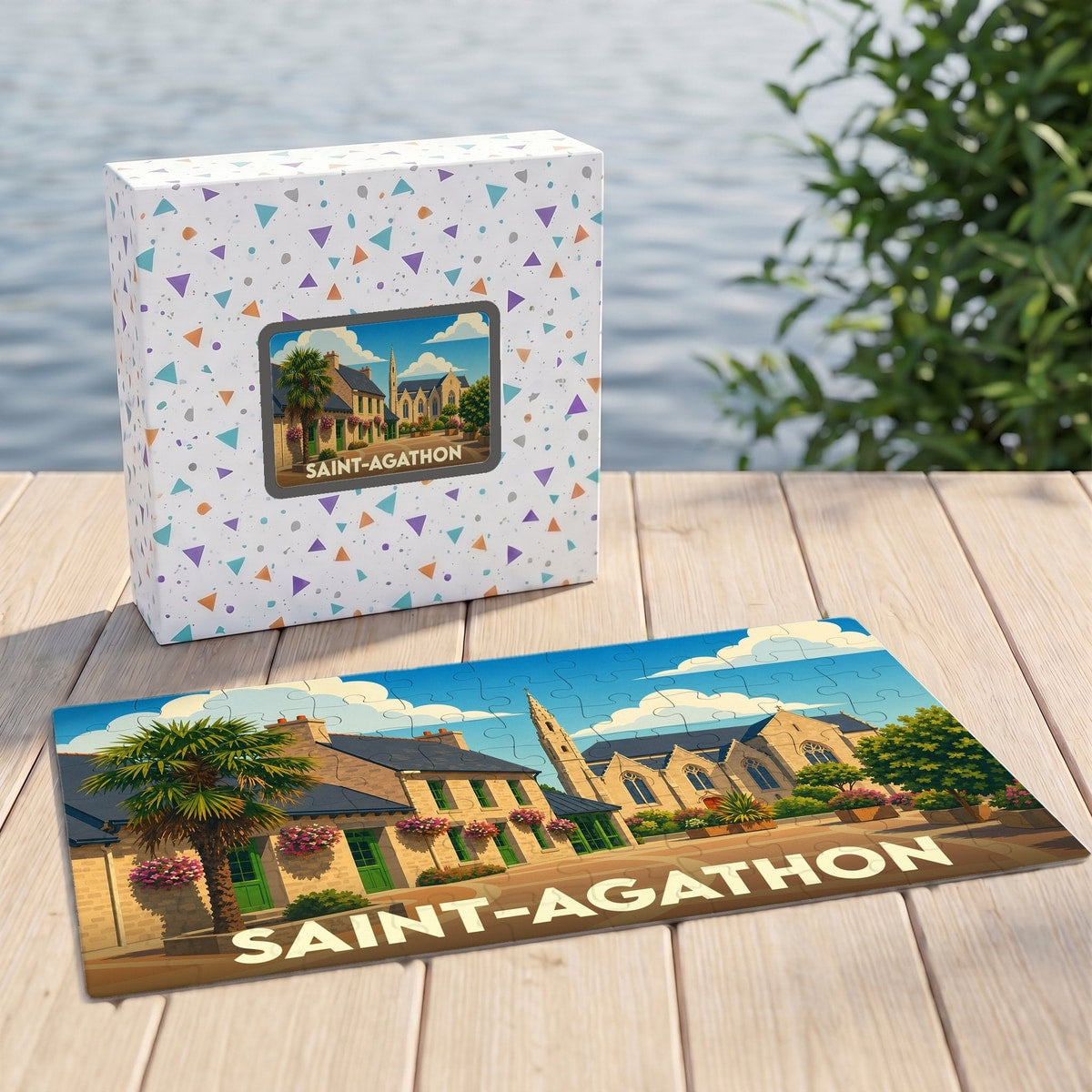 Puzzle souvenir de la ville de Saint-Agathon avec une illustration stylisée.