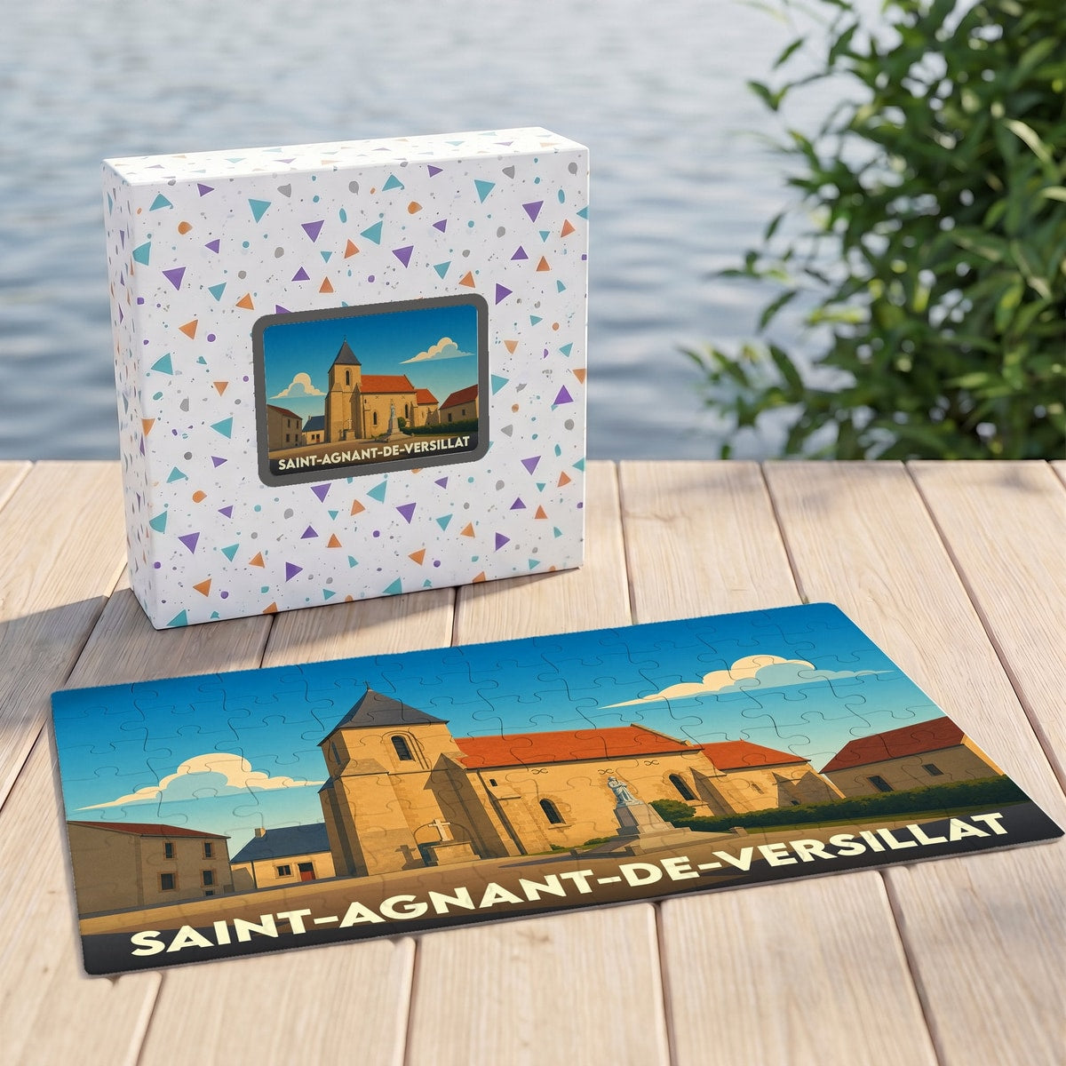 Puzzle souvenir de la ville de Saint-Agnant-de-Versillat avec une illustration stylisée de son église.