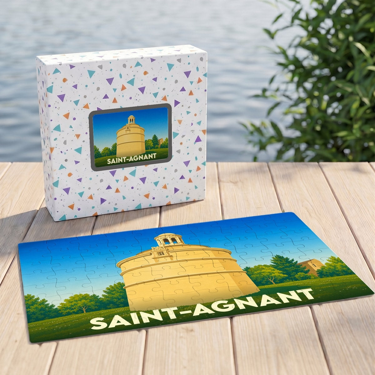 Puzzle souvenir de la ville de Saint-Agnant présentant une illustration stylisée d'un monument local.