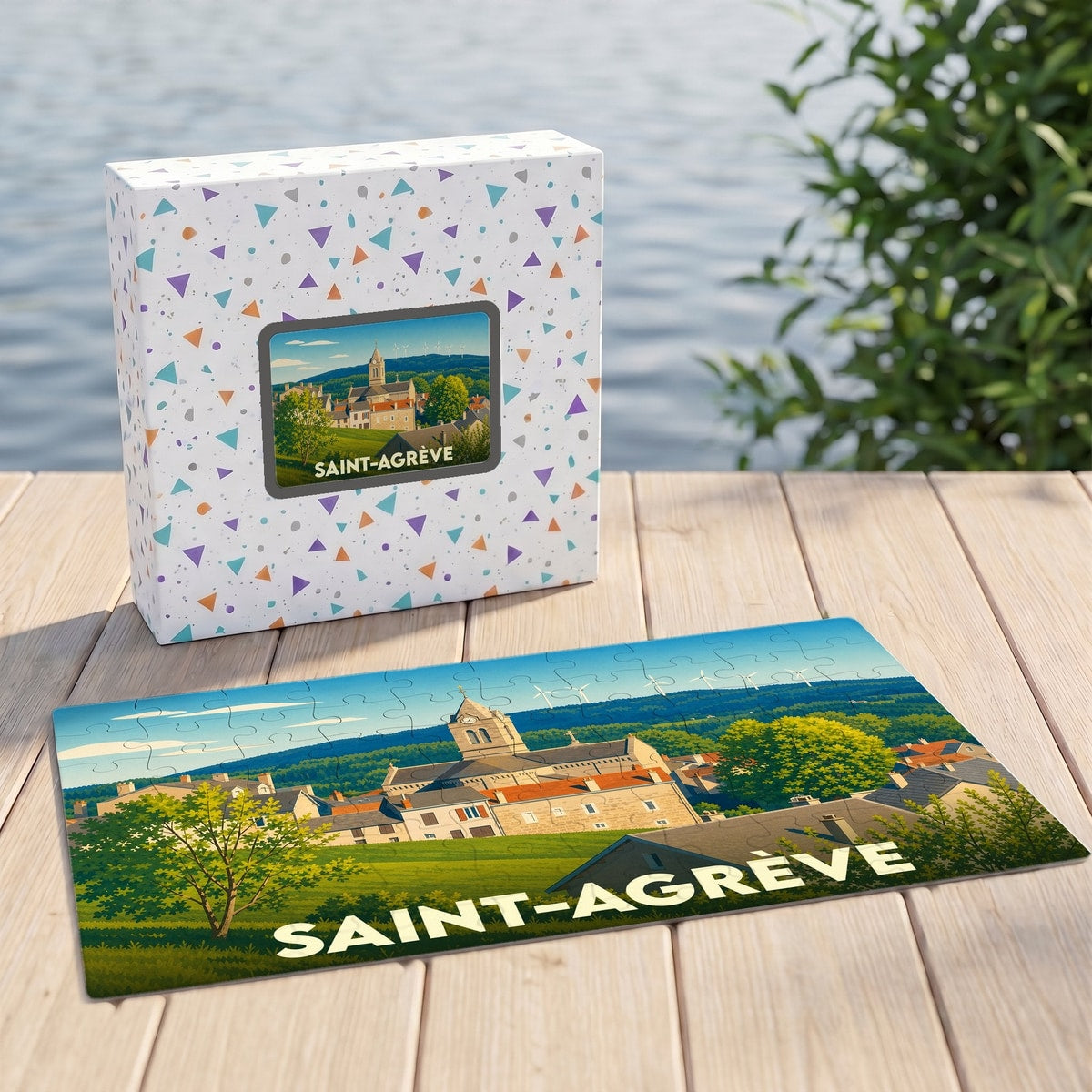 Puzzle souvenir de la ville de Saint-Agrève représentant son église et ses paysages environnants dans un style illustré.