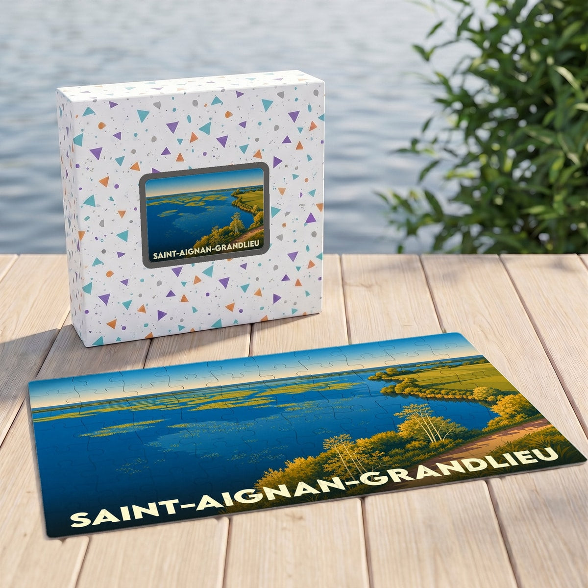 Puzzle souvenir de la ville de Saint-Aignan-Grandlieu avec une illustration de paysage lacustre.