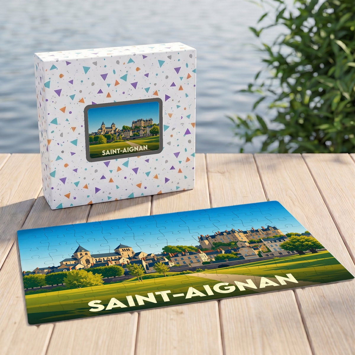 Puzzle souvenir de la ville de Saint-Aignan représentant une illustration stylisée de son patrimoine architectural.