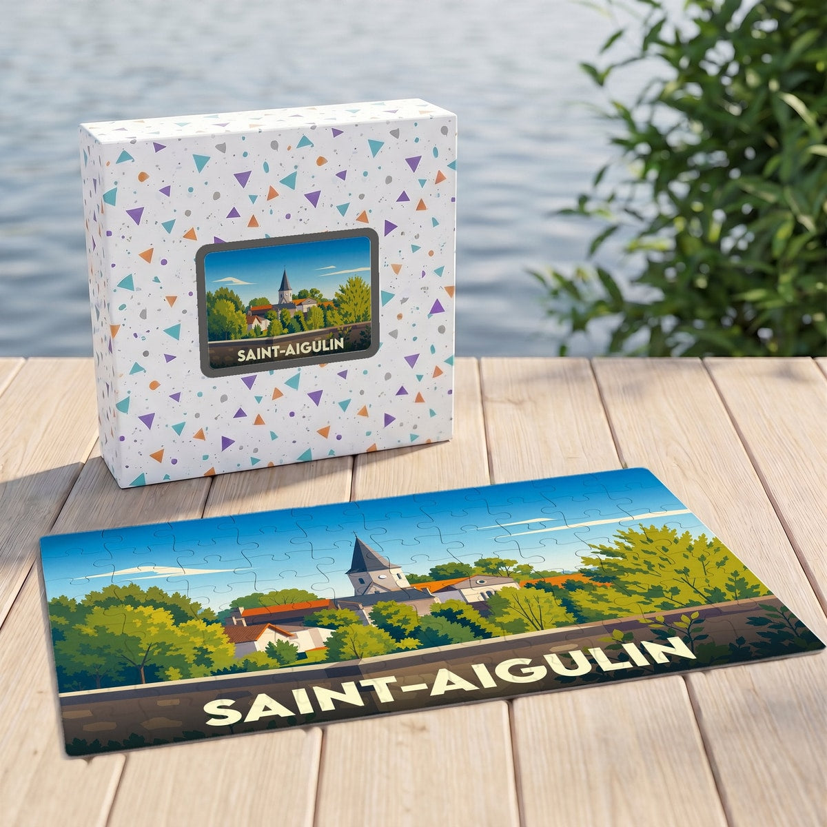 Puzzle souvenir de la ville de Saint-Aigulin avec une illustration stylisée.