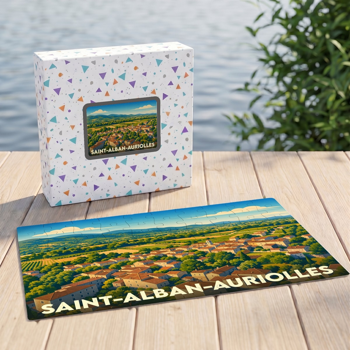 Puzzle souvenir de la ville de Saint-Alban-Auriolles avec une illustration de paysage champêtre.