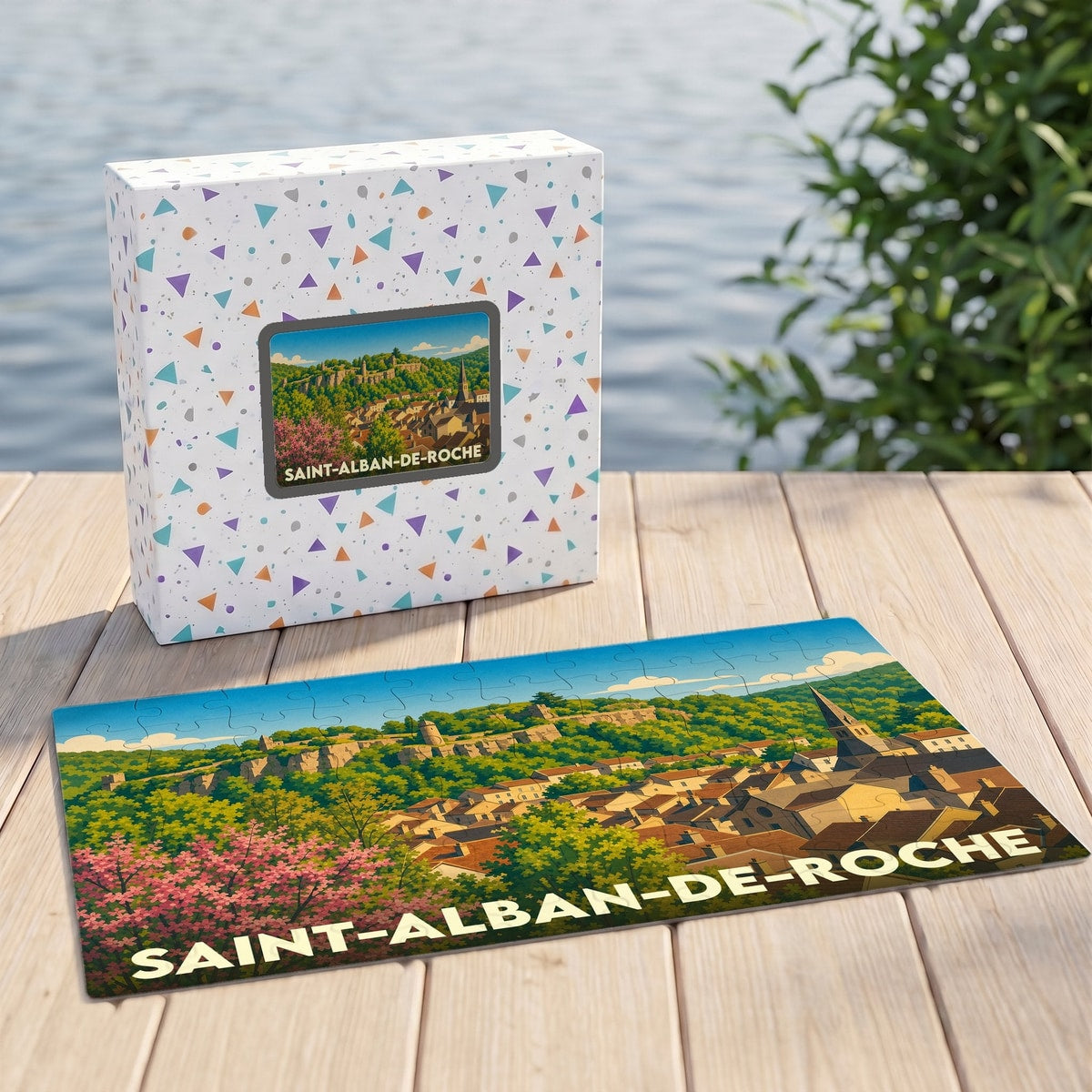 Puzzle souvenir de la ville de Saint-Alban-de-Roche illustré d'un paysage panoramique coloré.