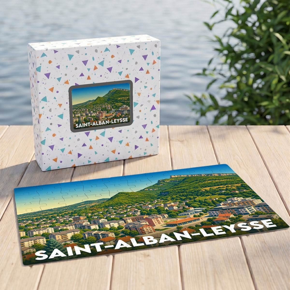 Puzzle souvenir de la ville de Saint-Alban-Leysse illustrant un paysage urbain au pied des montagnes.