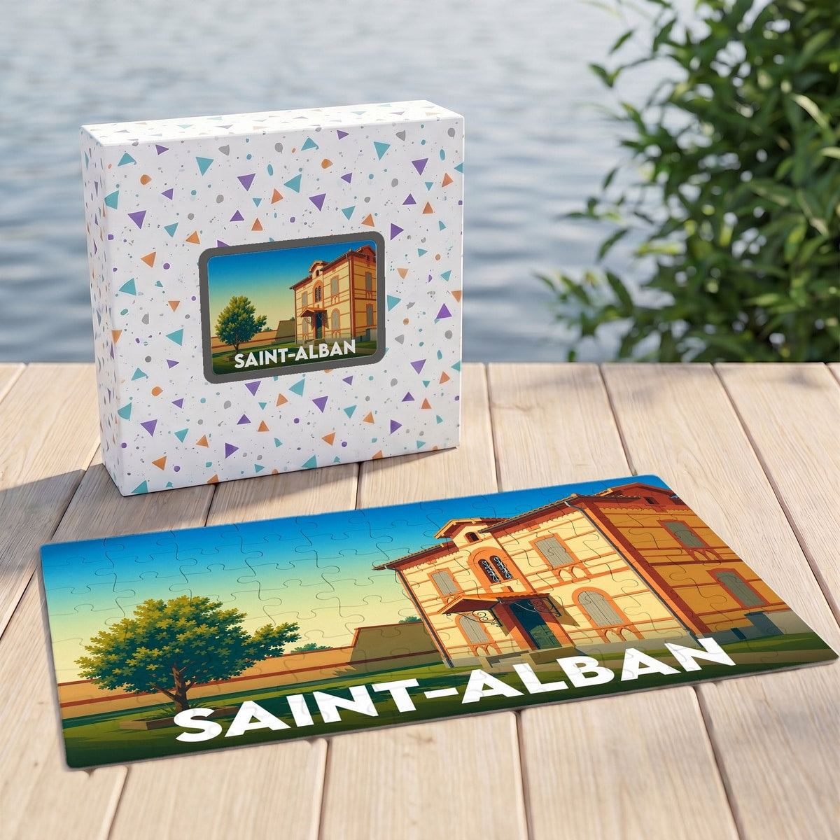 Puzzle souvenir de la ville de Saint-Alban avec une illustration stylisée d'un bâtiment historique.