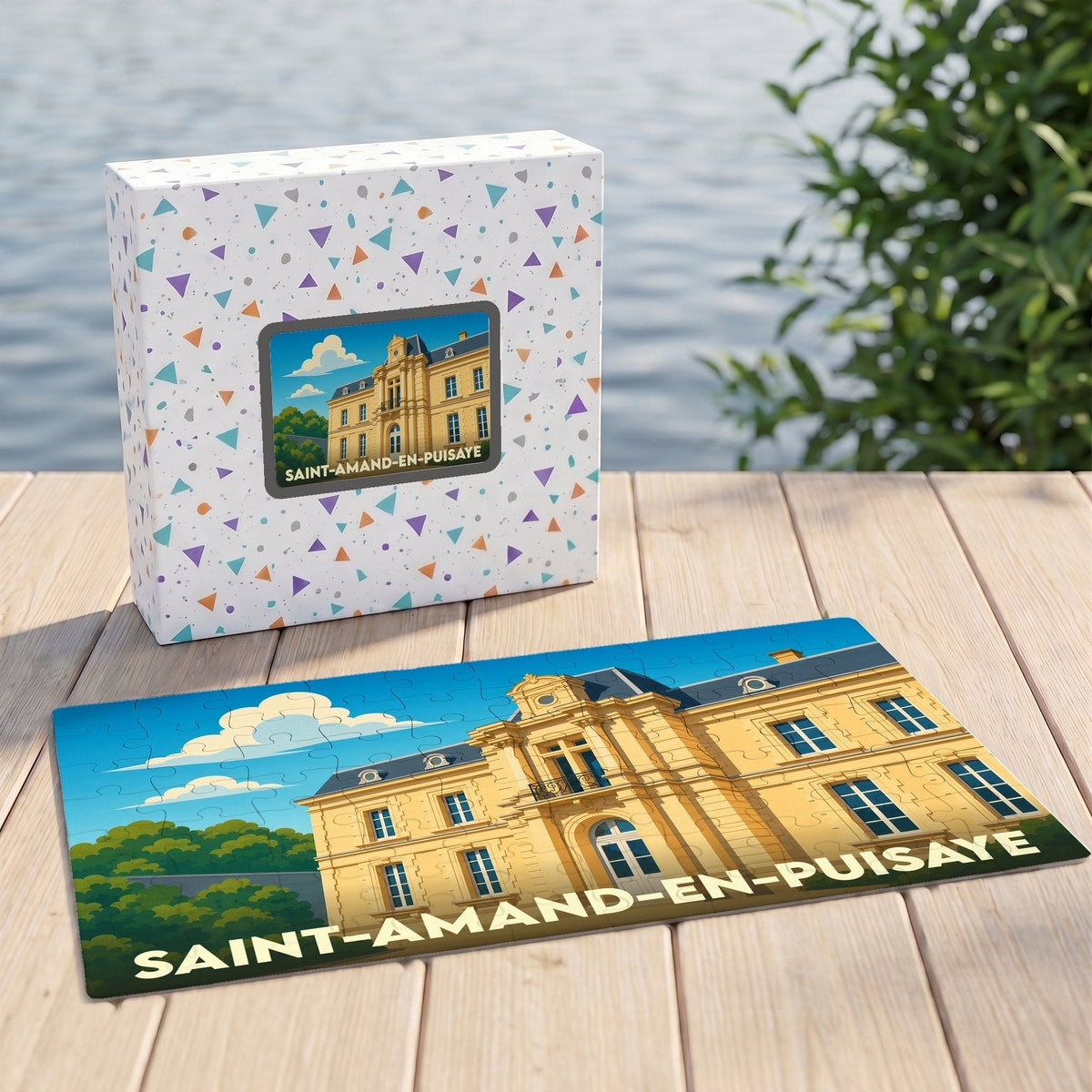 Puzzle souvenir de la ville de Saint-Amand-en-Puisaye avec une illustration stylisée de son château.