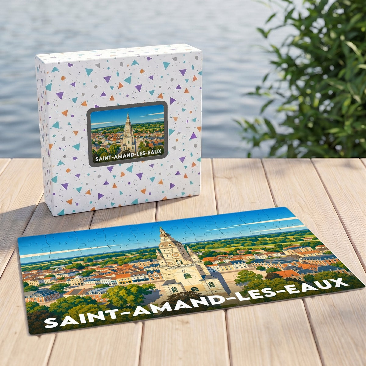 Puzzle souvenir de la ville de Saint-Amand-les-Eaux avec une illustration panoramique stylisée de son beffroi et de ses toits.