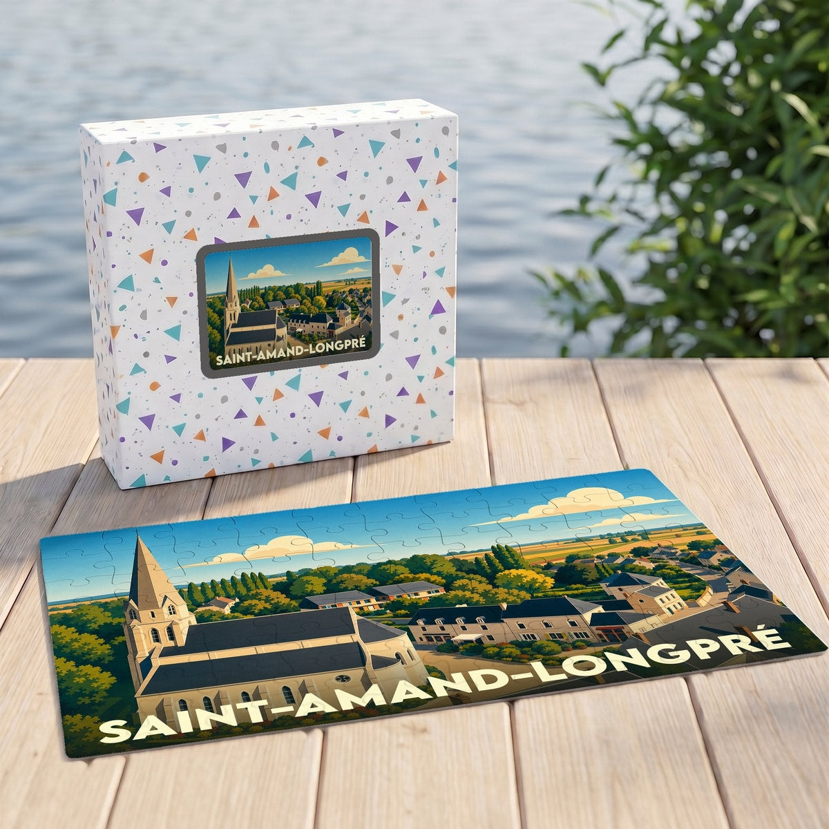 Puzzle souvenir de la ville de Saint-Amand-Longpré avec une illustration stylisée de son église et de ses environs.