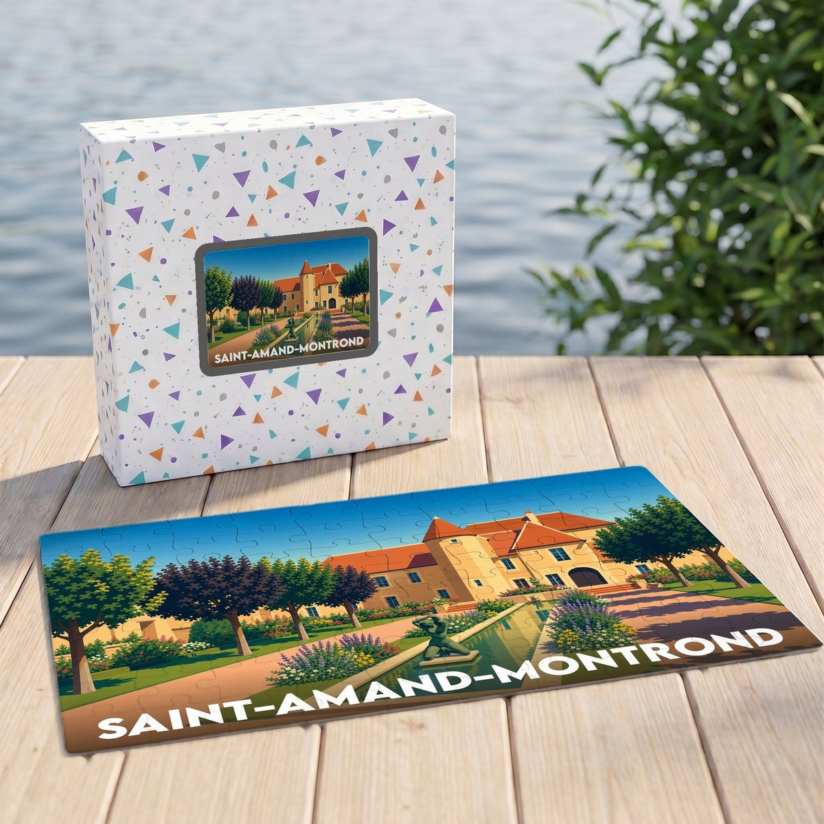 Puzzle souvenir de la ville de Saint-Amand-Montrond avec une illustration stylisée de son patrimoine.