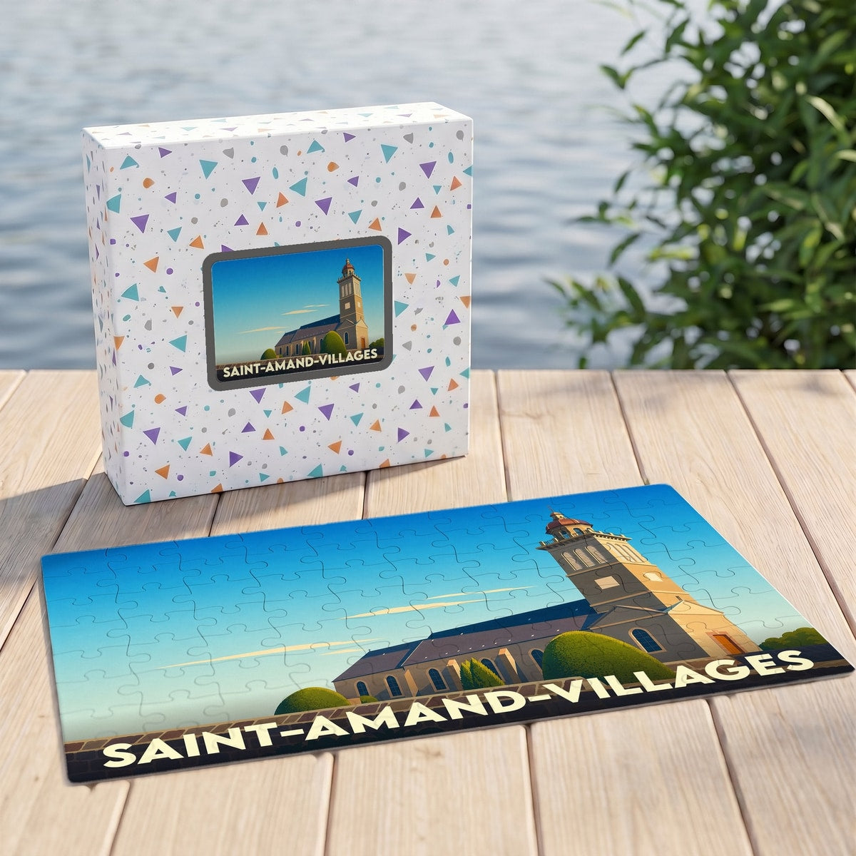 Puzzle souvenir de la ville de Saint-Amand-Villages avec une illustration stylisée de son église.