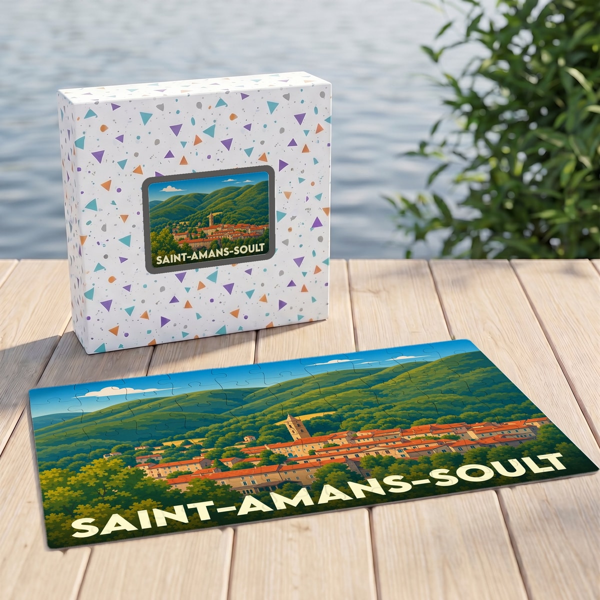 Puzzle souvenir de la ville de Saint-Amans-Soult avec une illustration paysagère stylisée.
