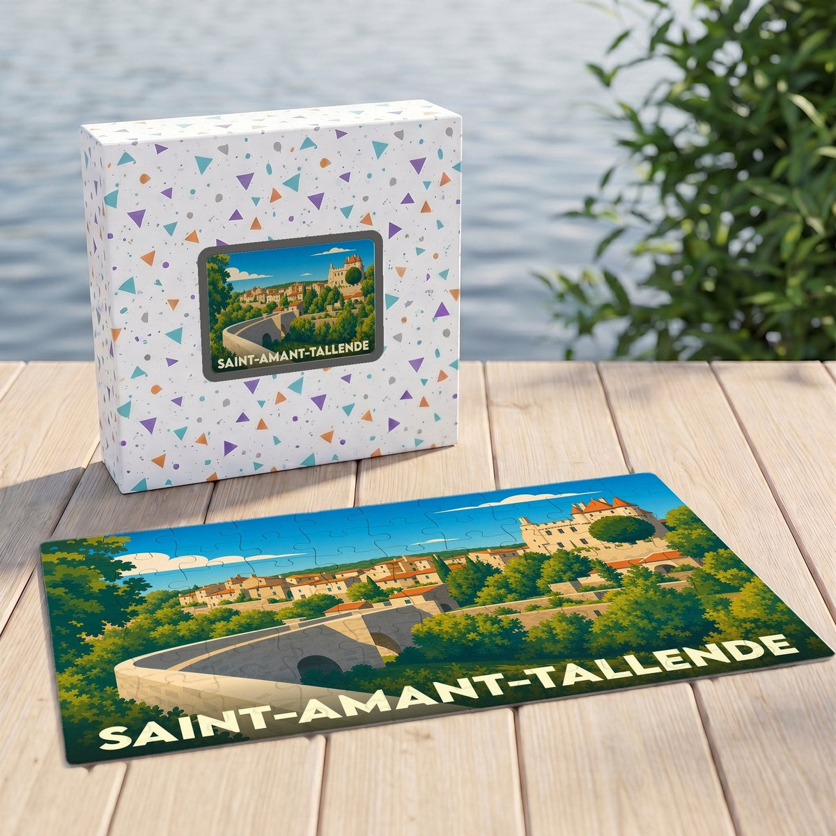 Puzzle souvenir de la ville de Saint-Amant-Tallende avec une illustration stylisée de son pont et de son château.