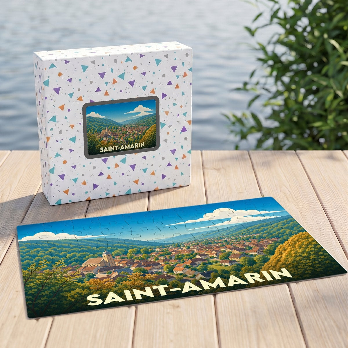 Puzzle souvenir de la ville de Saint-Amarin avec une illustration stylisée d'un paysage de montagne.