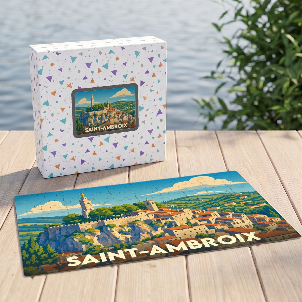 Puzzle souvenir de la ville de Saint-Ambroix avec une illustration stylisée d'un village perché.