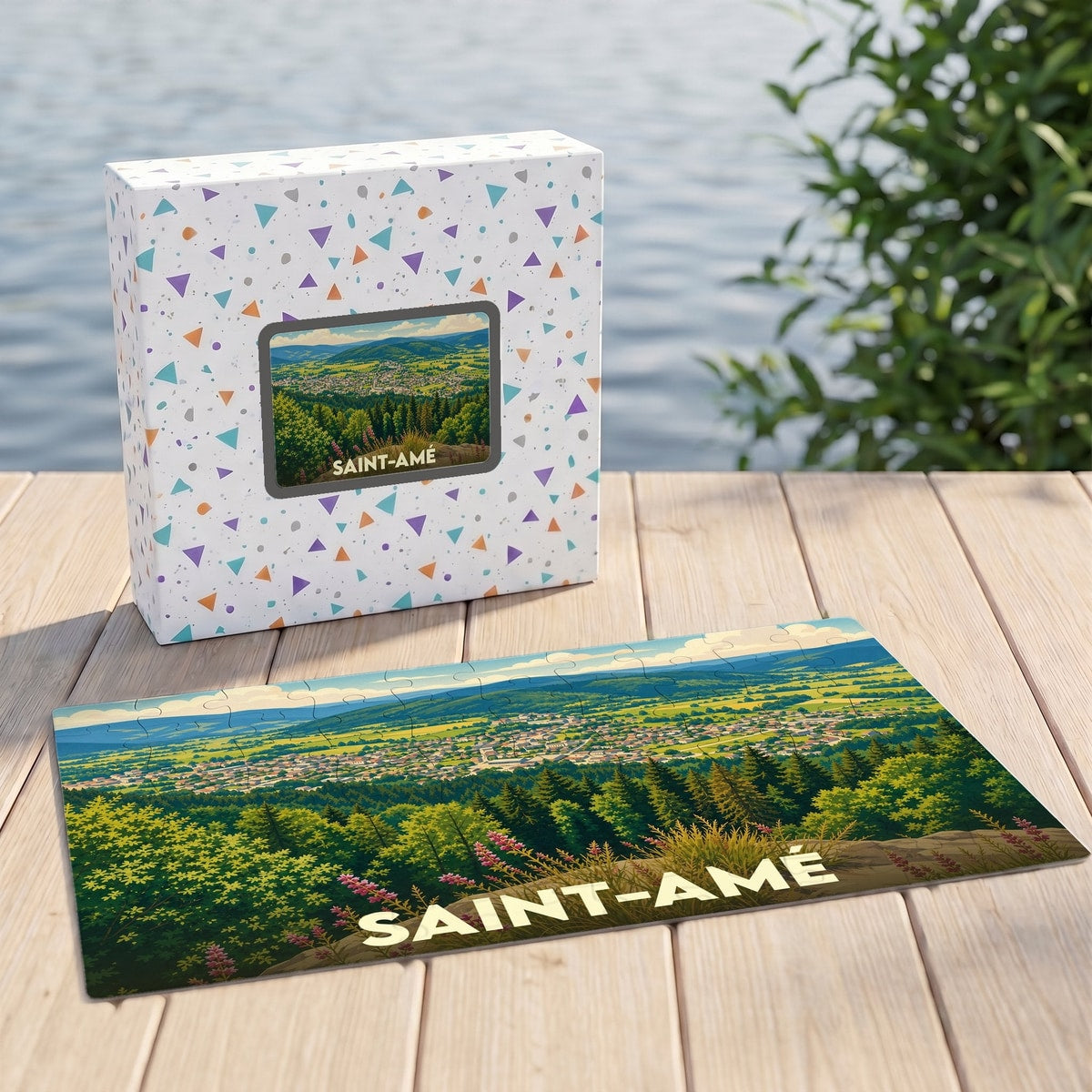Puzzle souvenir de la ville de Saint-Amé avec une illustration stylisée d'un paysage de montagne.