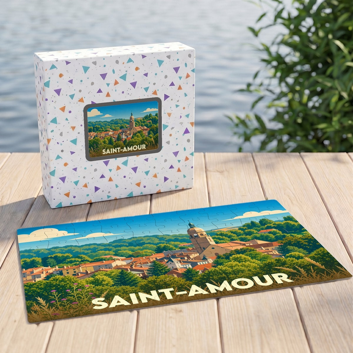 Puzzle souvenir de la ville de Saint-Amour illustrant un paysage urbain niché dans la verdure.