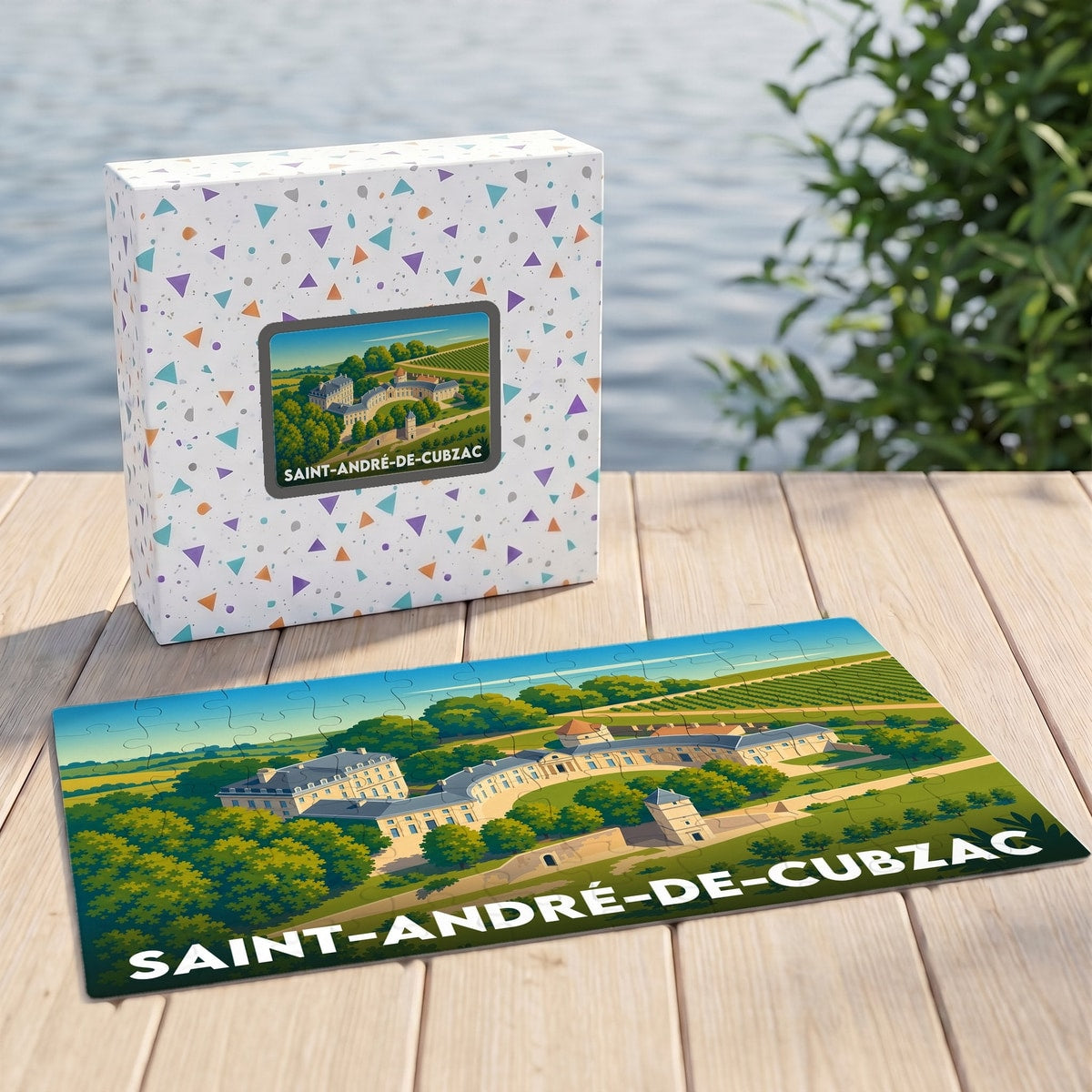 Puzzle souvenir de la ville de Saint-André-de-Cubzac avec une illustration stylisée d'un château.