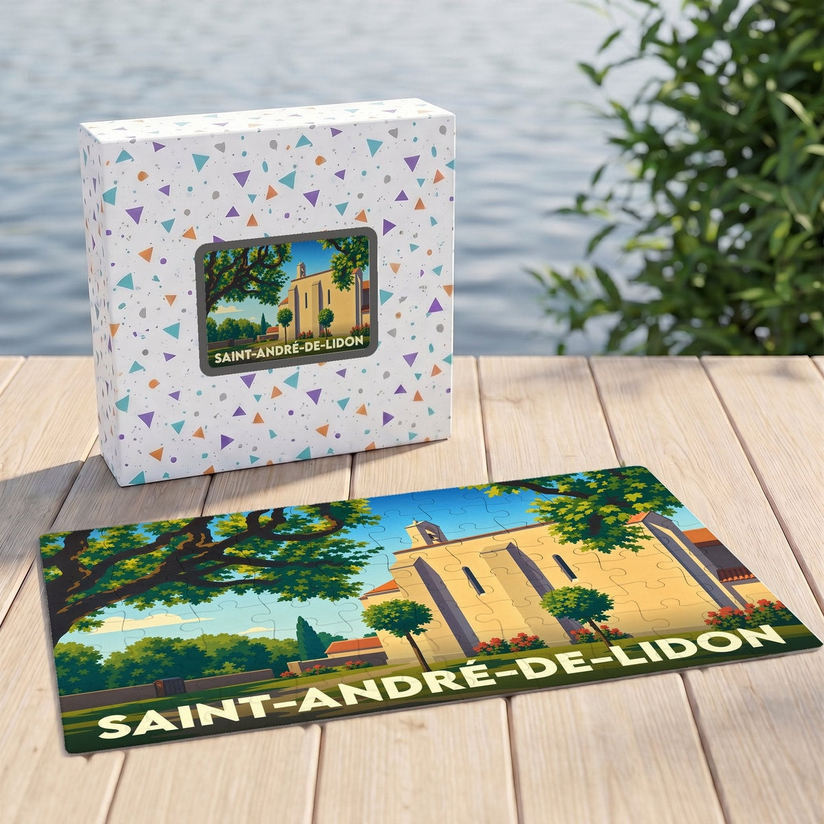 Puzzle souvenir de la ville de Saint-André-de-Lidon avec une illustration stylisée de son église.