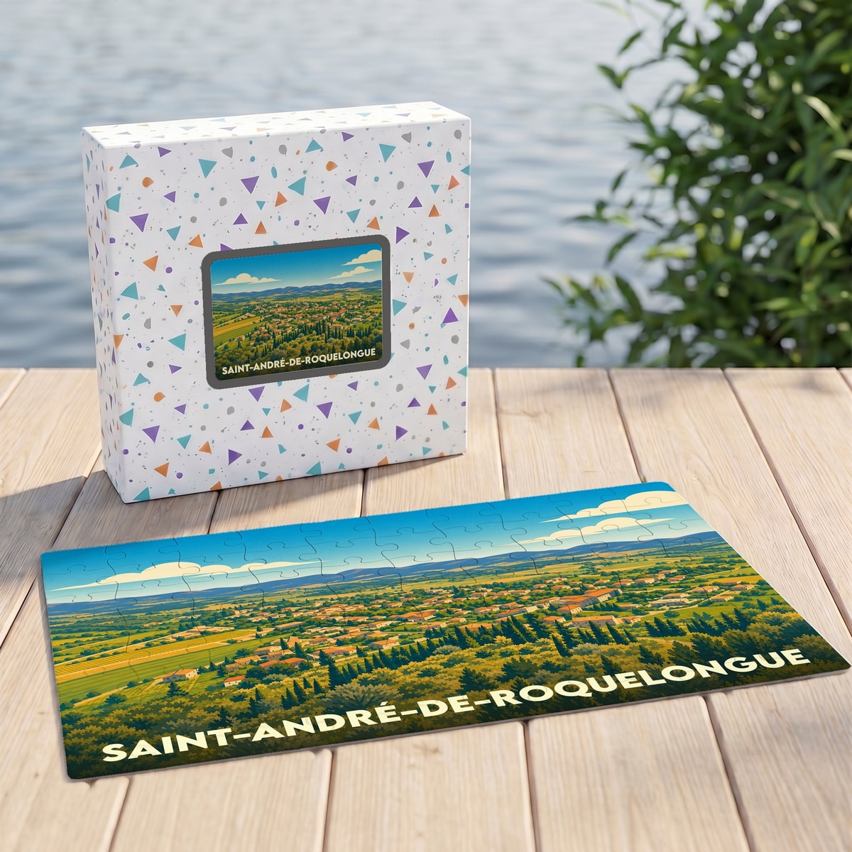 Puzzle souvenir de la ville de Saint-André-de-Roquelongue avec une illustration panoramique stylisée.