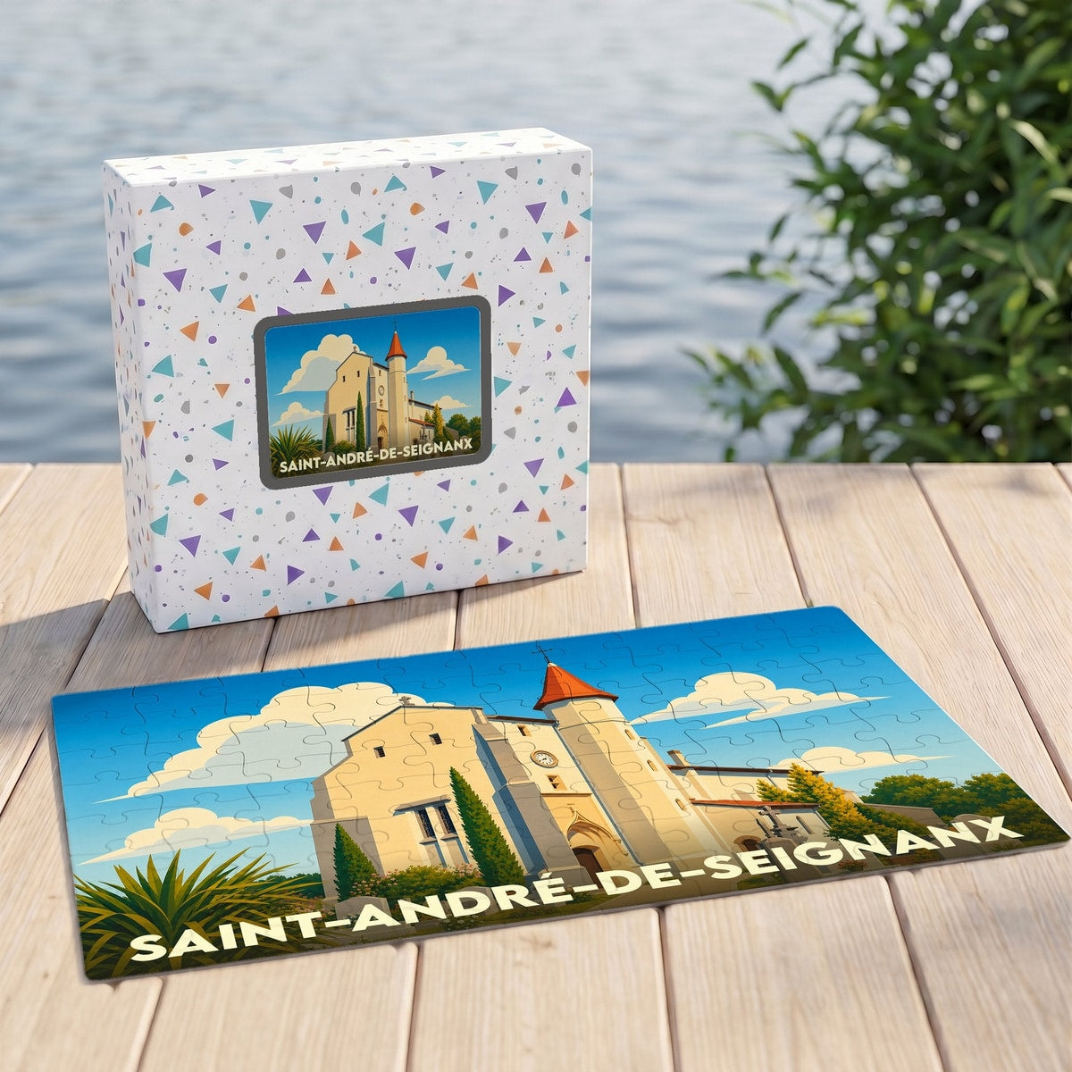 Puzzle souvenir de Saint-André-de-Seignanx avec une illustration stylisée de son église et de son nom en lettres capitales.