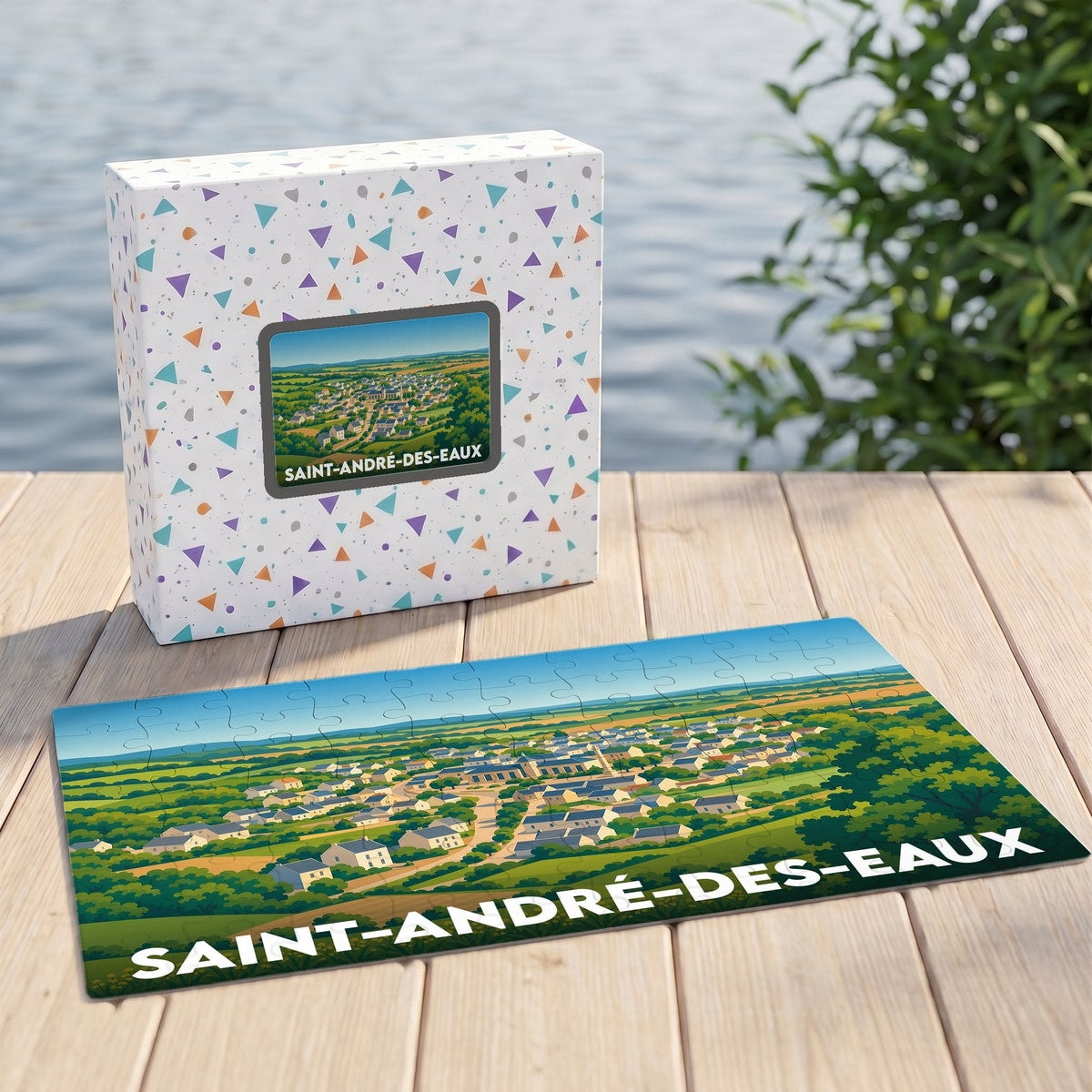 Puzzle souvenir de la ville de Saint-André-des-Eaux avec une illustration panoramique stylisée.