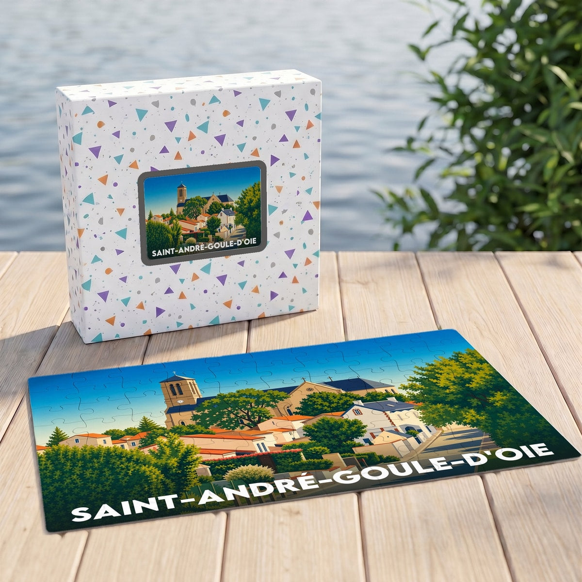 Puzzle souvenir de la ville de Saint-André-Goule-d'Oie avec une illustration stylisée.