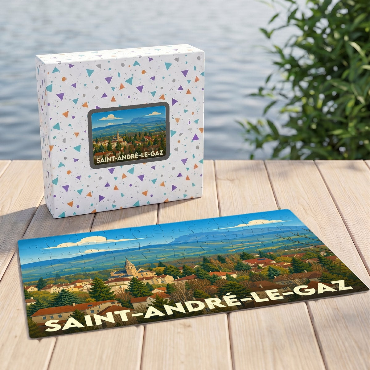 Puzzle souvenir de la ville de Saint-André-le-Gaz avec une illustration panoramique stylisée.