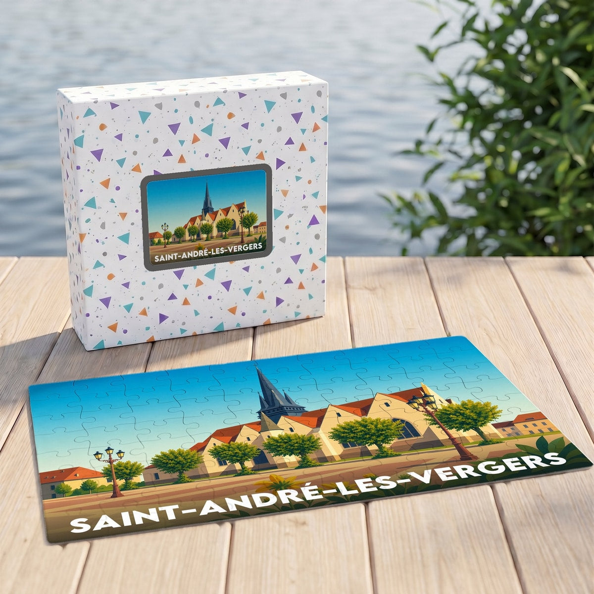 Puzzle souvenir de la ville de Saint-André-les-Vergers avec une illustration stylisée d'une église.