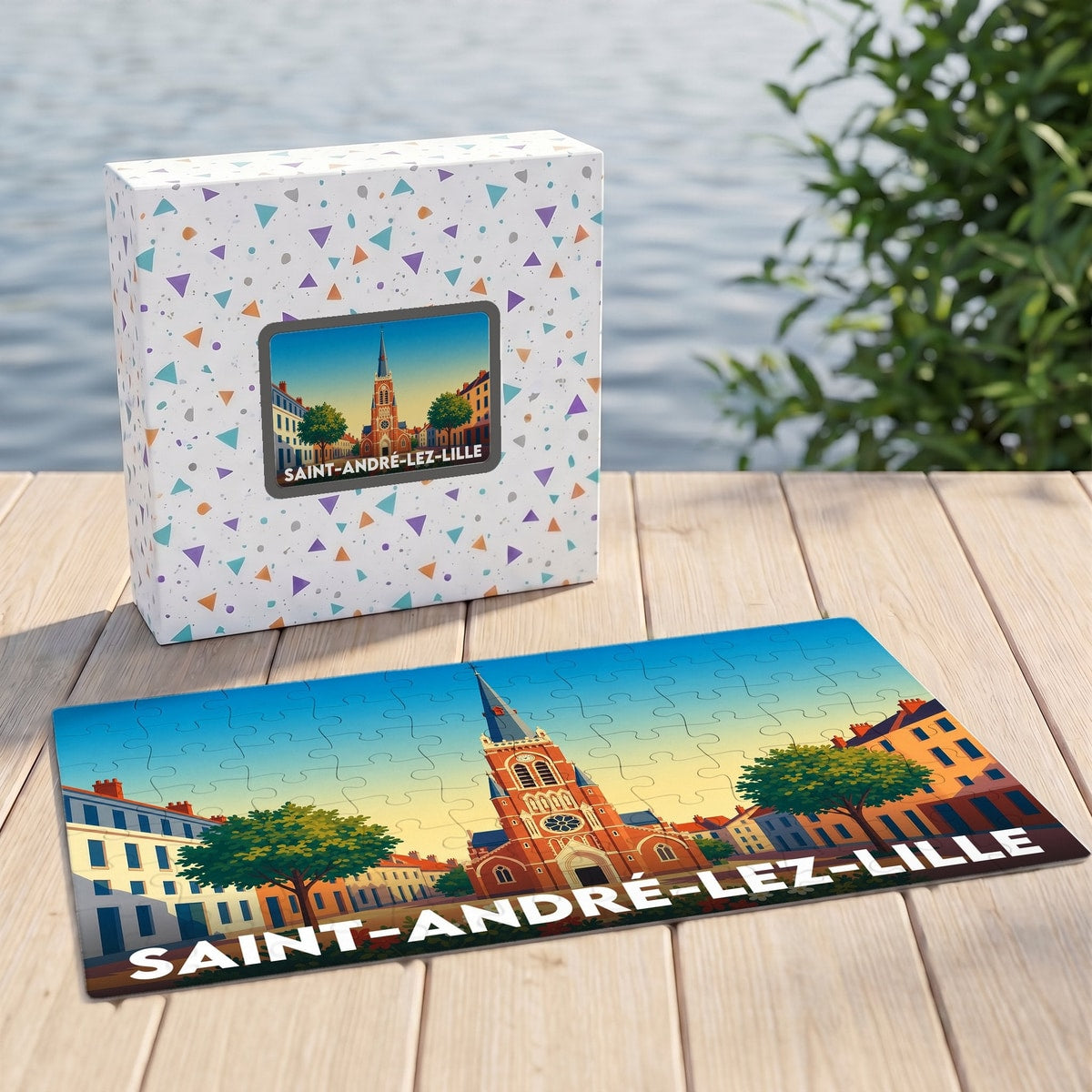 Puzzle souvenir de la ville de Saint-André-lez-Lille avec son coffret et une illustration stylisée de son église.