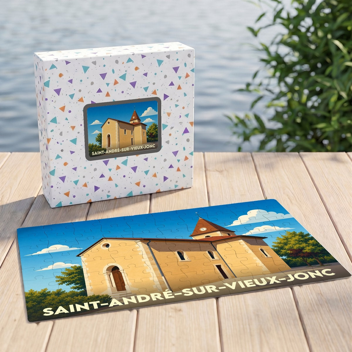 Puzzle souvenir de Saint-André-sur-Vieux-Jonc avec une illustration stylisée de son église.