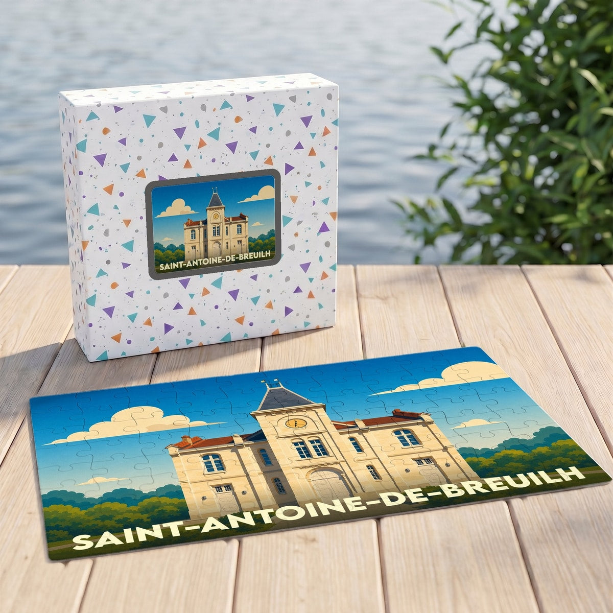 Puzzle souvenir de la ville de Saint-Antoine-de-Breuilh avec une illustration stylisée de sa mairie.