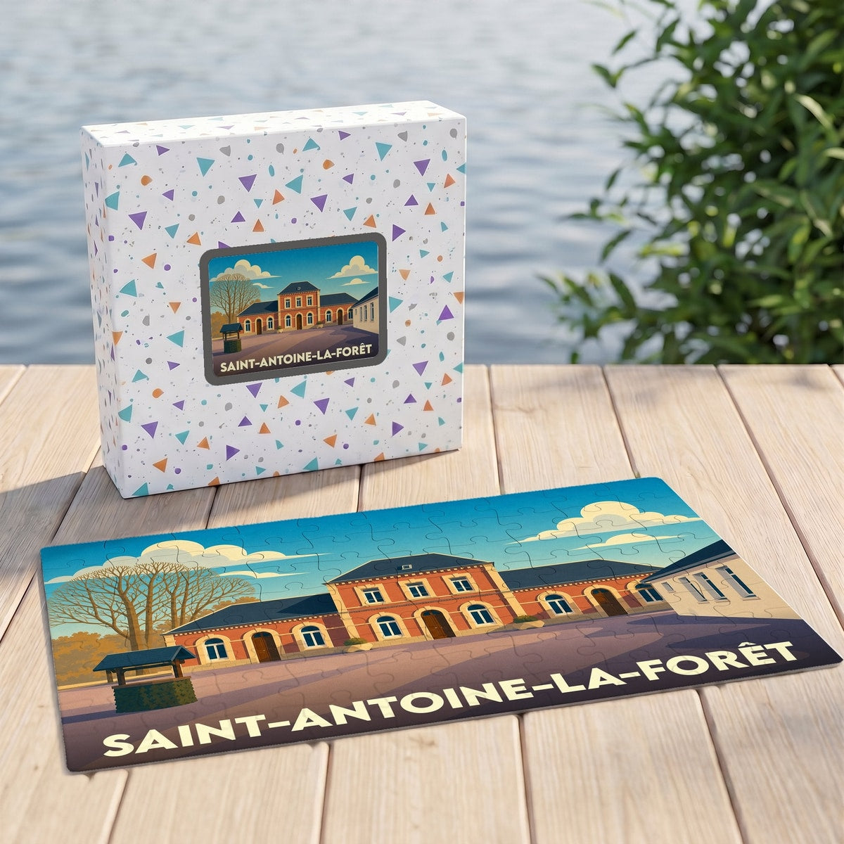 Puzzle souvenir de la ville de Saint-Antoine-la-Forêt avec une illustration stylisée.