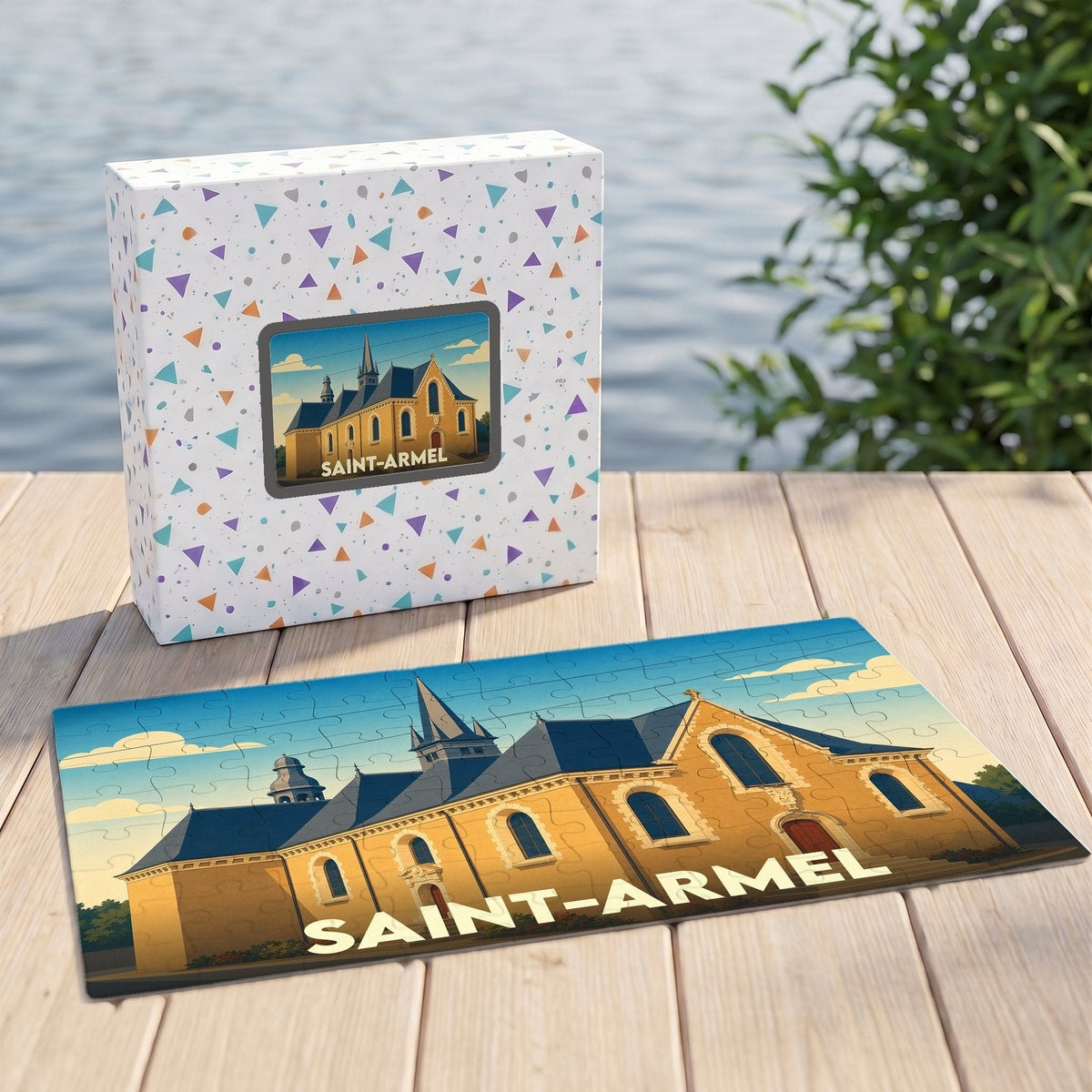 Puzzle souvenir de la ville de Saint-Armel avec une illustration stylisée d'un bâtiment historique.