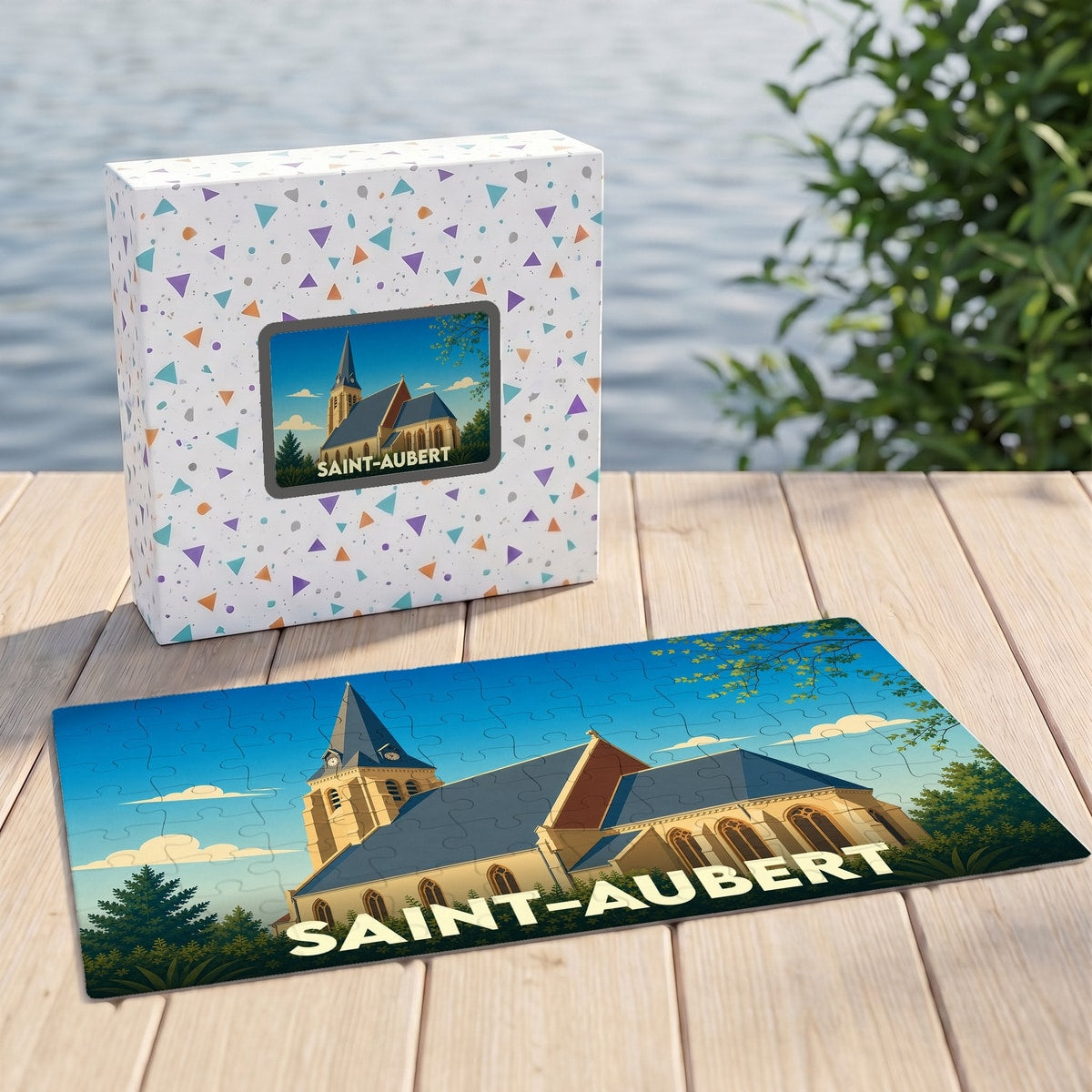 Puzzle souvenir de la ville de Saint-Aubert avec une illustration stylisée d'une église.