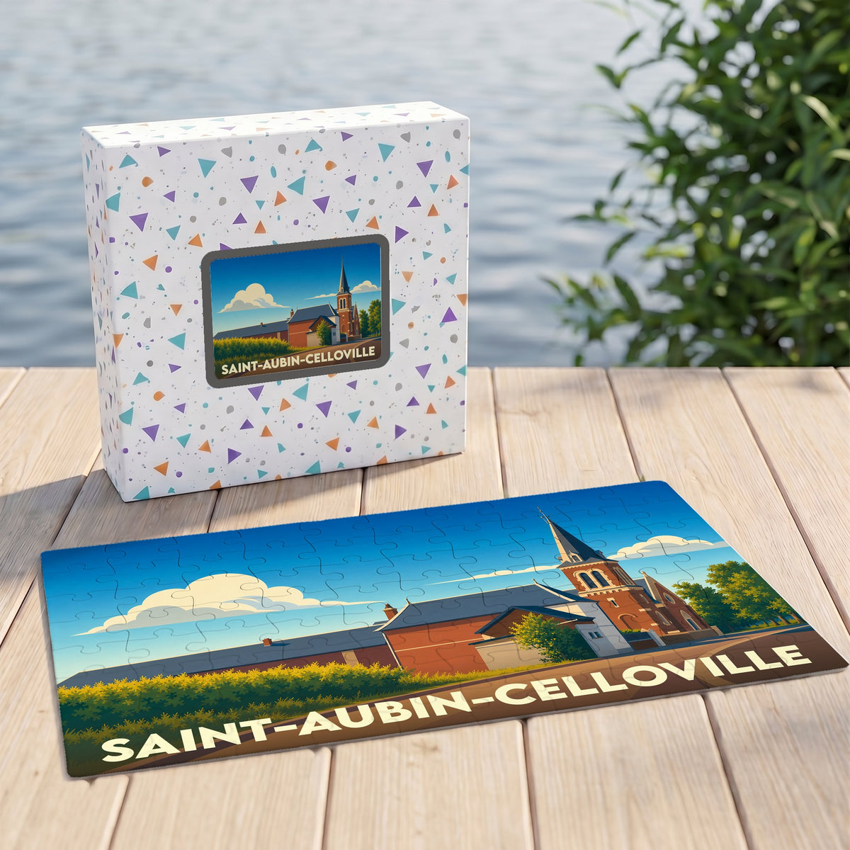 Puzzle souvenir de la ville de Saint-Aubin-Celloville avec une illustration stylisée.